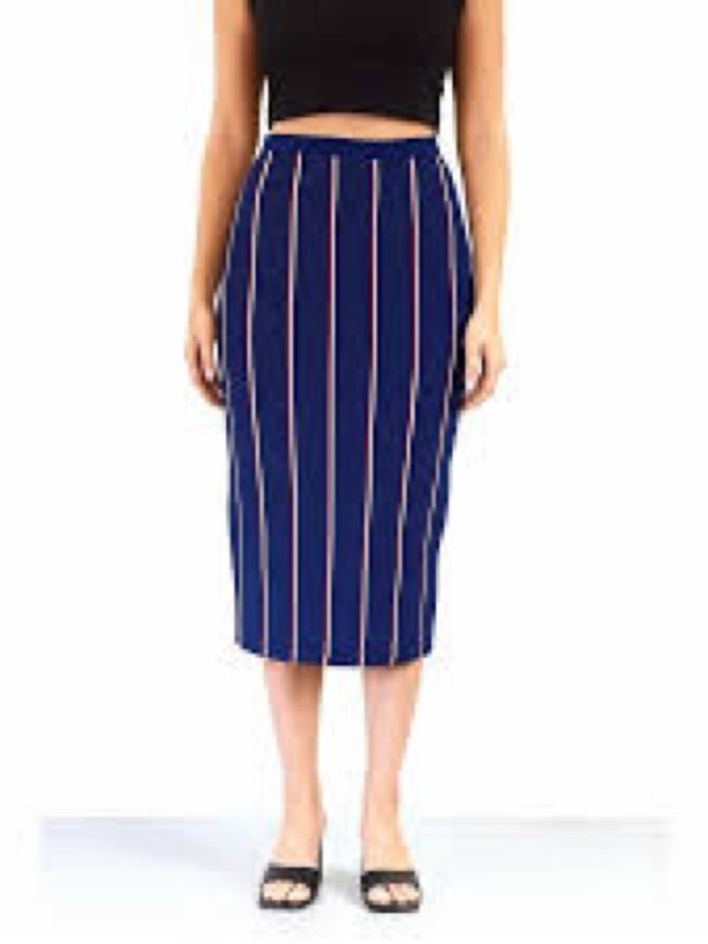 RACHEL Rachel Roy Navy Blue Midi Skirt White Pinstripes Stripes Pencil M Stretch